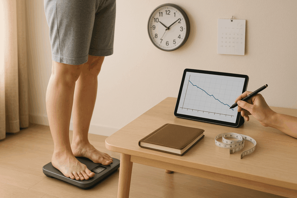 Person weighing themselves on a digital scale next to a tablet displaying a weight loss chart with tracking tools nearby.