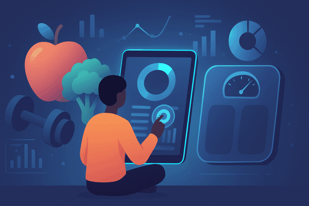 Person using a tablet to calculate your calorie needs to lose weight, surrounded by symbols of healthy food, fitness, and digital progress tracking