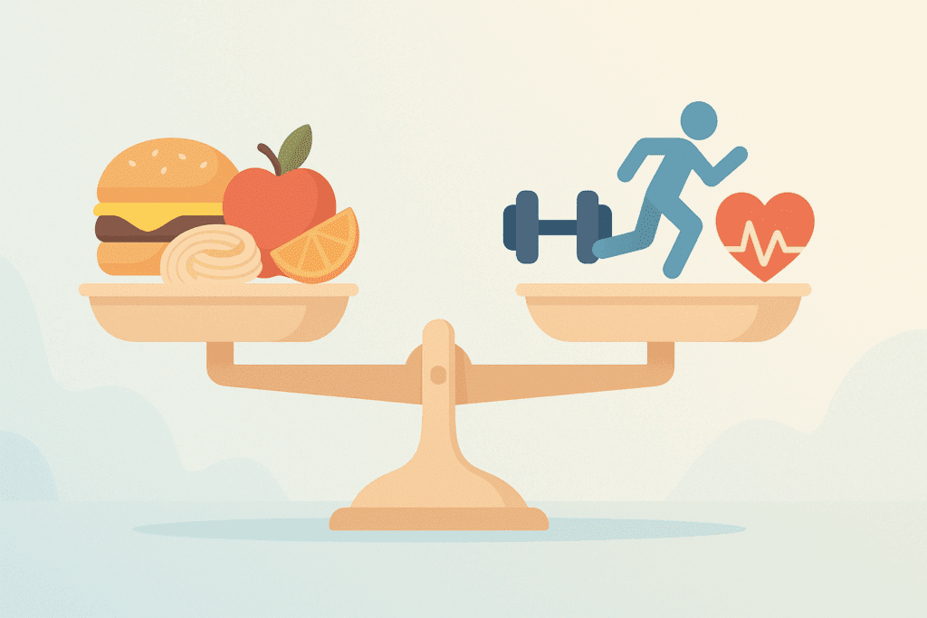 Balanced scale illustration showing calories in from food and calories out through activity to calculate your calorie needs to lose weight.