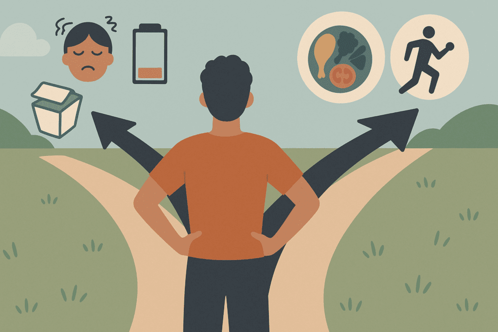 Person standing at a forked path choosing between extreme dieting and a balanced lifestyle, symbolizing how to calculate your calorie needs to lose weight safely.