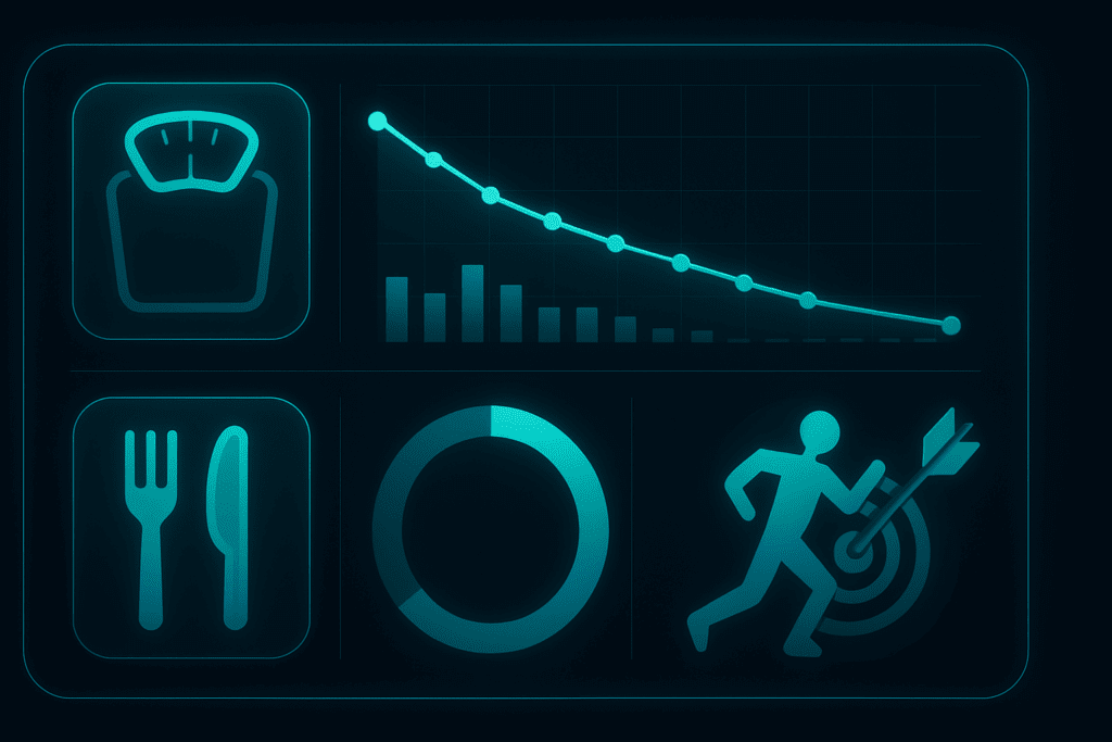 Futuristic fitness dashboard showing visual graphs and icons to calculate your calorie needs to lose weight