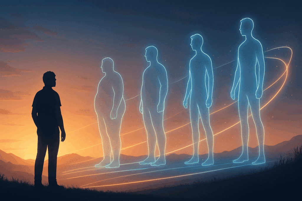 Person visualizing progress through holographic future selves in a weight loss journey to calculate your calorie needs to lose weight