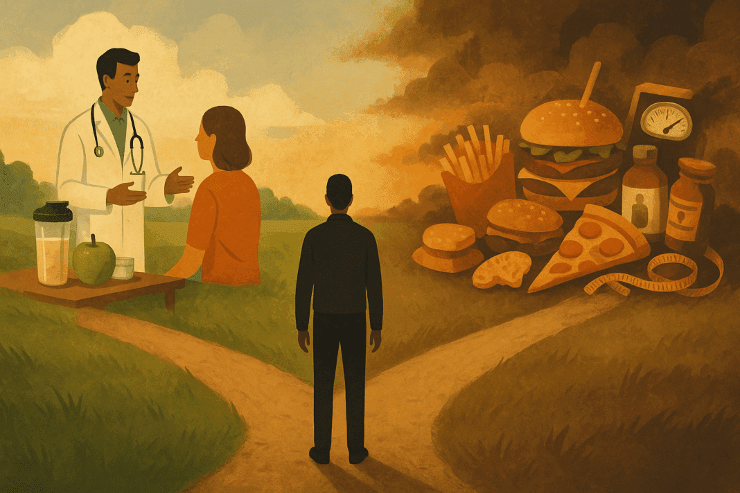 Person at a fork in the road choosing between healthy medical advice and chaotic super low calorie diets with fast food and weight loss fads.