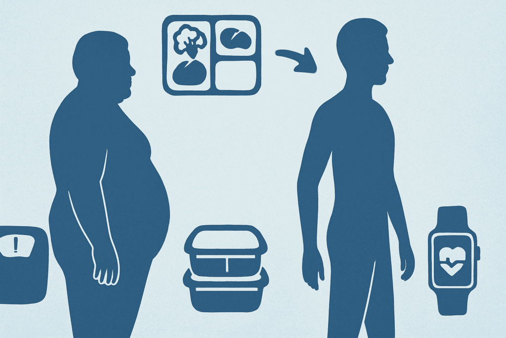 Before-and-after silhouette of a person showing weight loss results from Super Low Calorie Diets, with icons of a scale, meal prep containers, and fitness tracker.