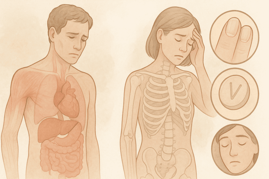 Medical illustration showing side effects of Super Low Calorie Diets, including muscle loss, organ stress, brittle nails, and bone weakening