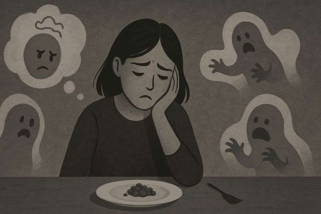 Person sitting alone at a table with a tiny meal, surrounded by ghost-like figures symbolizing anxiety, stress, and binge urges—highlighting the psychological toll of Super Low Calorie Diets.