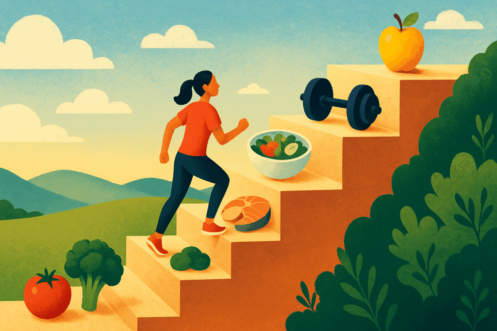 Person climbing stairs symbolizing progress after super low calorie diets, with healthy food and fitness items on each step.