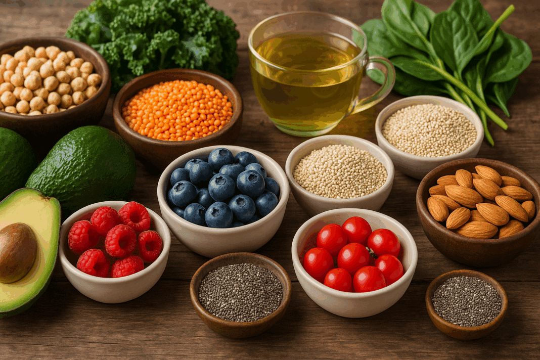 Colorful display of top superfoods for weight loss, including avocados, berries, leafy greens, quinoa, lentils, nuts, seeds, and green tea on a rustic wooden table.