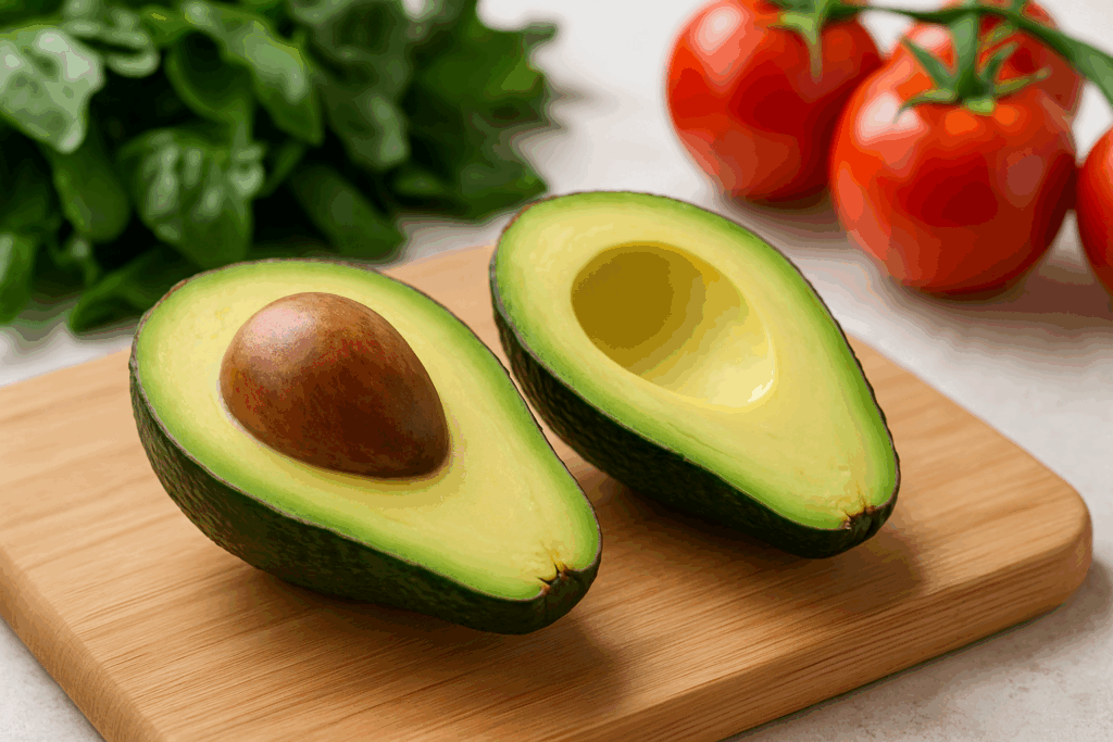 Halved avocado on a cutting board with fresh greens and tomatoes in the background, highlighting one of the top superfoods for weight loss.