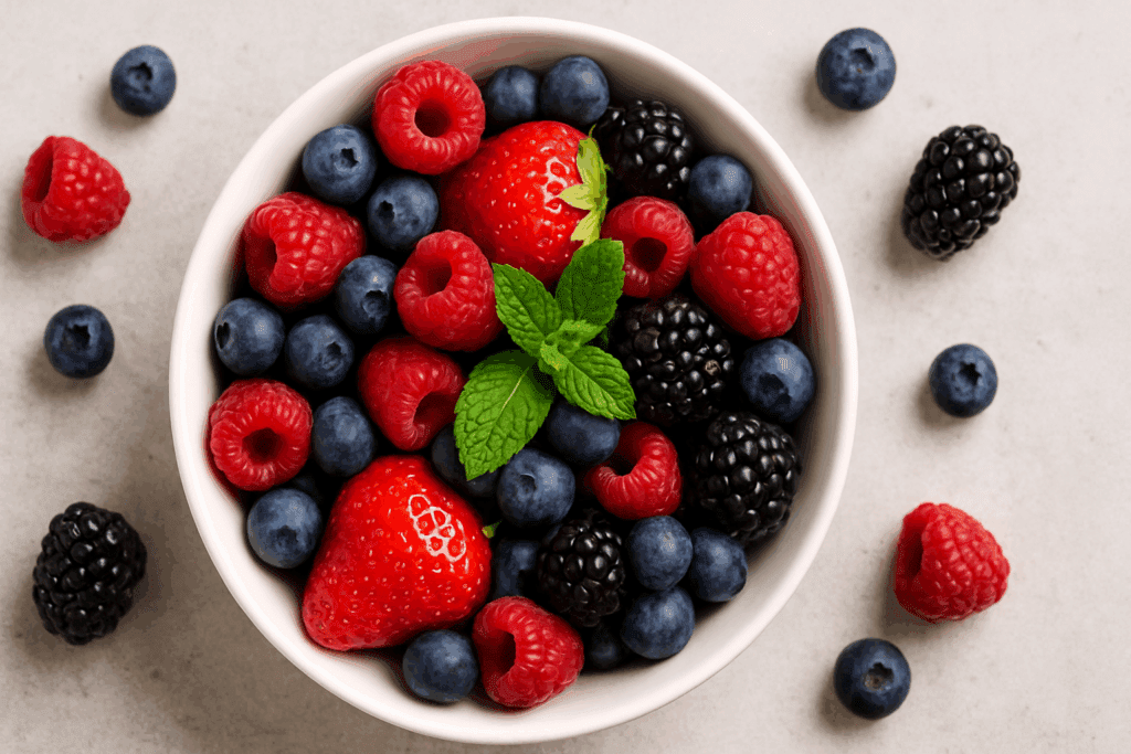 Bowl of fresh mixed berries with mint leaves, showcasing top superfoods for weight loss on a neutral background.