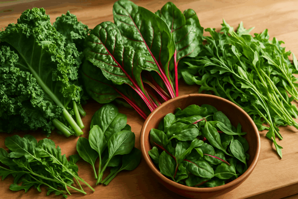 Fresh leafy greens including kale, spinach, Swiss chard, and arugula on a wooden counter, highlighting top superfoods for weight loss.