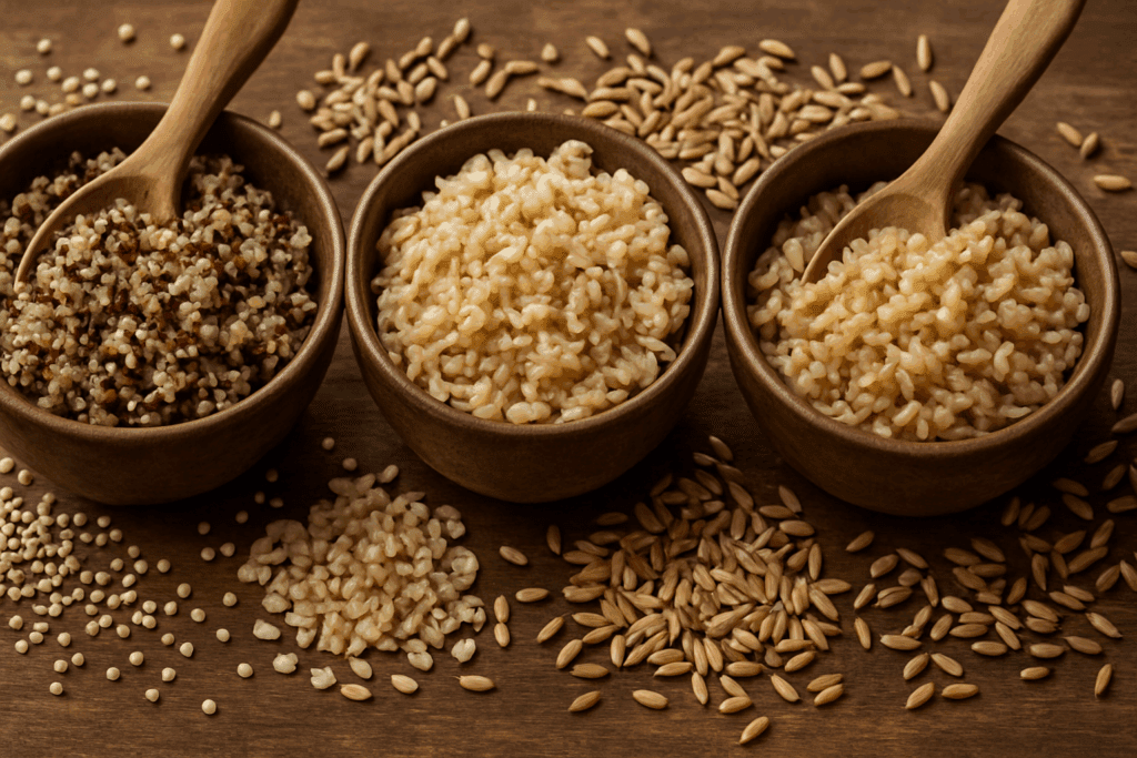 Cooked quinoa, brown rice, and oats in rustic bowls with wooden spoons and scattered raw grains, highlighting top superfoods for weight loss.