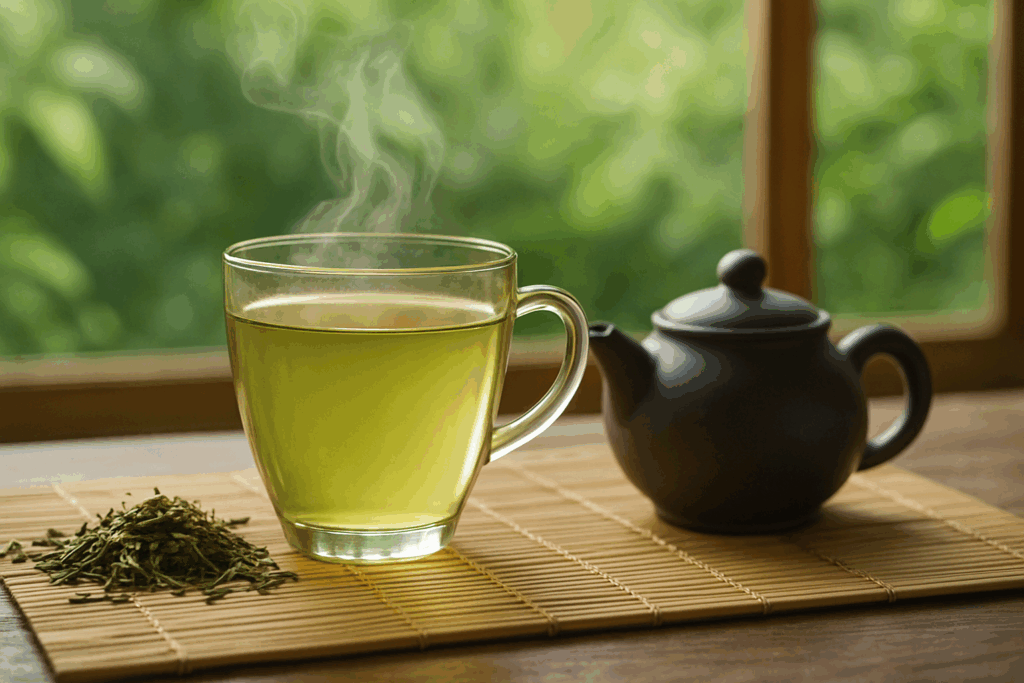 Steaming cup of green tea in a glass with loose tea leaves and teapot on a bamboo mat, representing one of the top superfoods for weight loss.