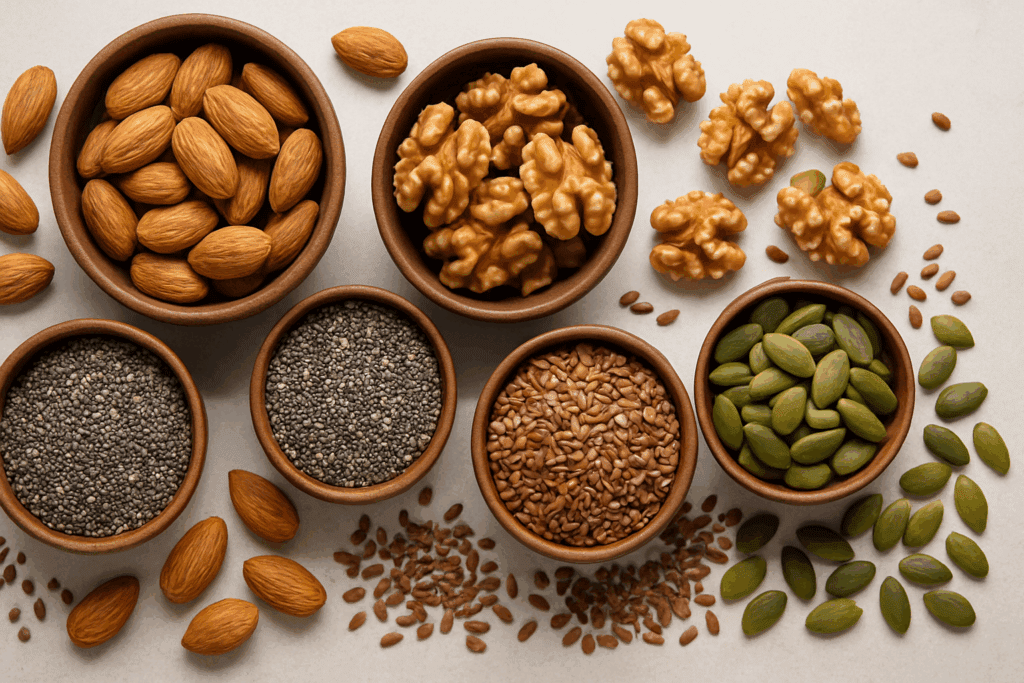 Assorted nuts and seeds including almonds, walnuts, chia seeds, flaxseeds, and pumpkin seeds—top superfoods for weight loss—arranged in wooden bowls on a clean surface.