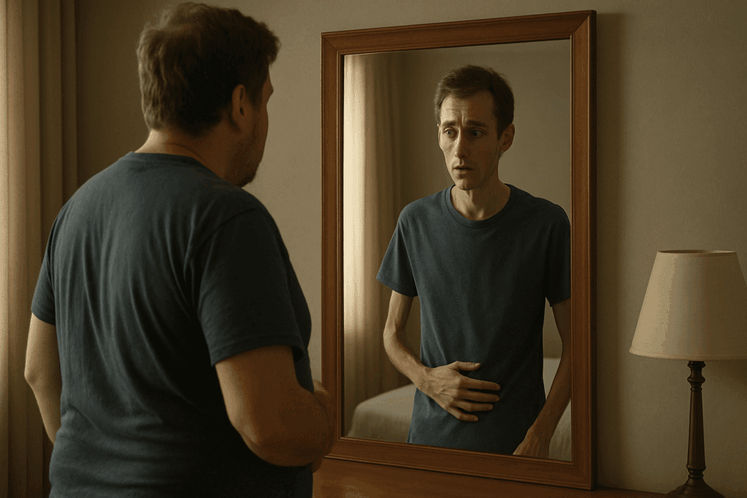 Man staring at his mirror reflection with a thinner appearance, showing concern over sudden or rapid weight loss.