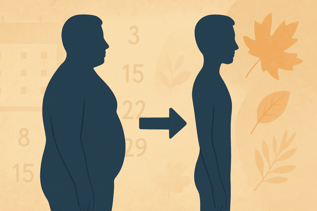 Conceptual medical illustration showing sudden or rapid weight loss with two silhouettes of the same person, one at normal weight and one thinner, with calendar dates and seasonal changes in the background.
