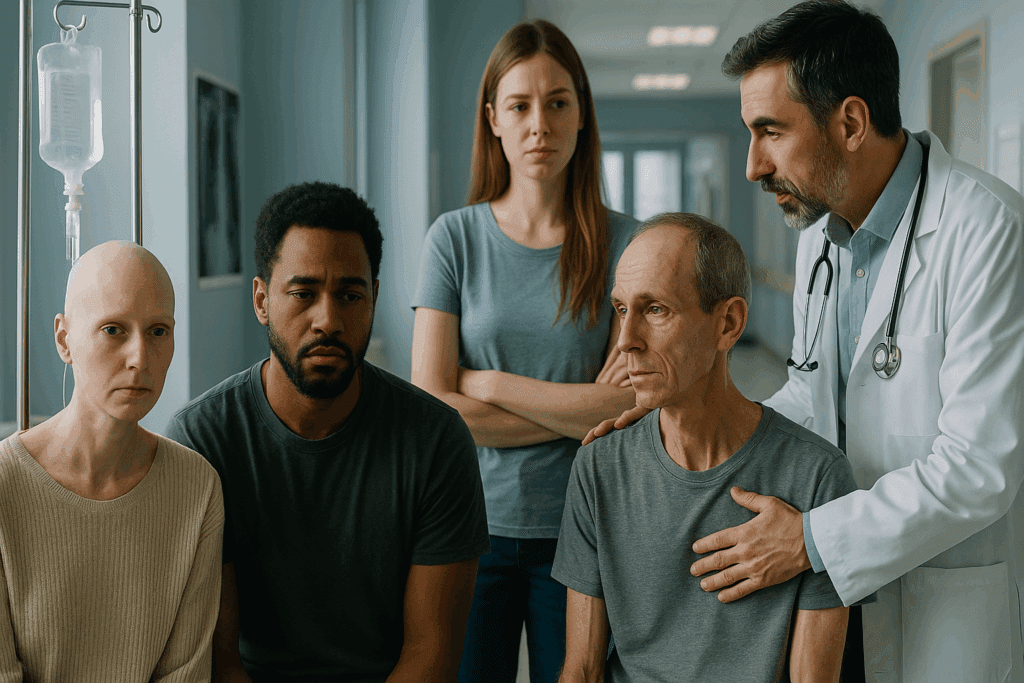 Diverse group of patients in a hospital setting showing visual signs of medical issues commonly linked to Sudden or Rapid Weight Loss, with a doctor providing silent support.