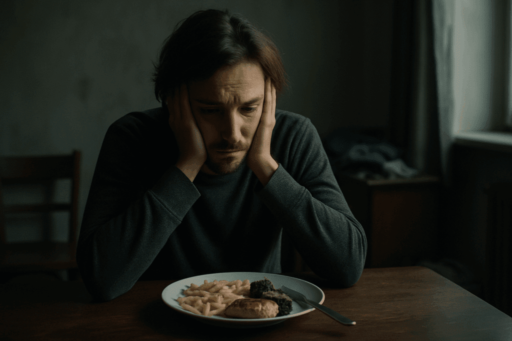 Stressed man sitting alone at a table with untouched food, reflecting emotional distress linked to sudden or rapid weight loss