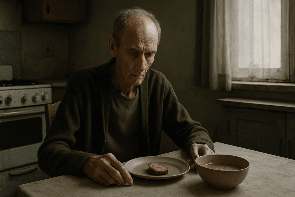 Gaunt elderly man sitting alone at a worn kitchen table with a single slice of bread and soup, illustrating the effects of sudden or rapid weight loss due to malnutrition