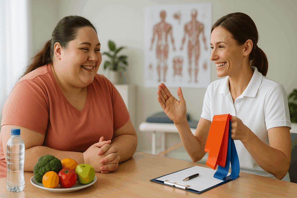 Smiling woman meeting with a healthcare provider in a clinic to discuss recovery from sudden or rapid weight loss, with fresh fruit, resistance bands, and anatomical charts in the background