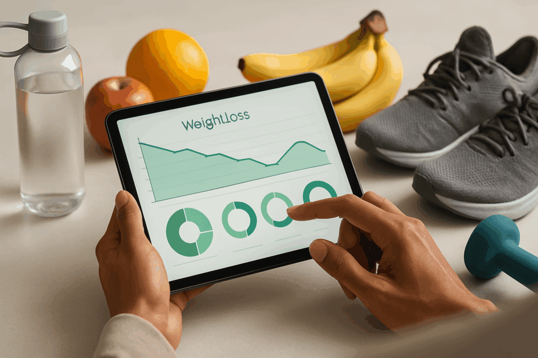 Person using a digital tablet with a percent weight loss calculator app open, surrounded by fruits, water bottle, and fitness gear on a clean table.