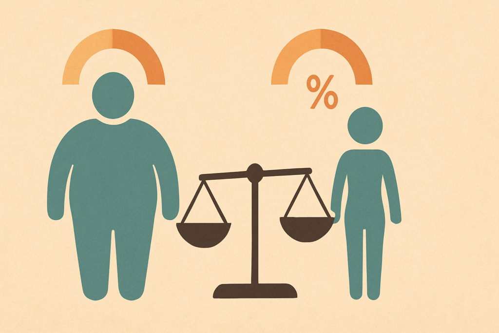 Two figures of different body sizes shown with equal progress arcs and a balanced scale, symbolizing how a percent weight loss calculator measures proportional weight changes.