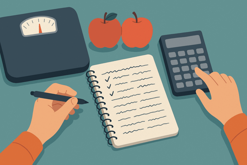 Person using a percent weight loss calculator beside a scale, apples, and a handwritten tracking notebook on a teal surface.
