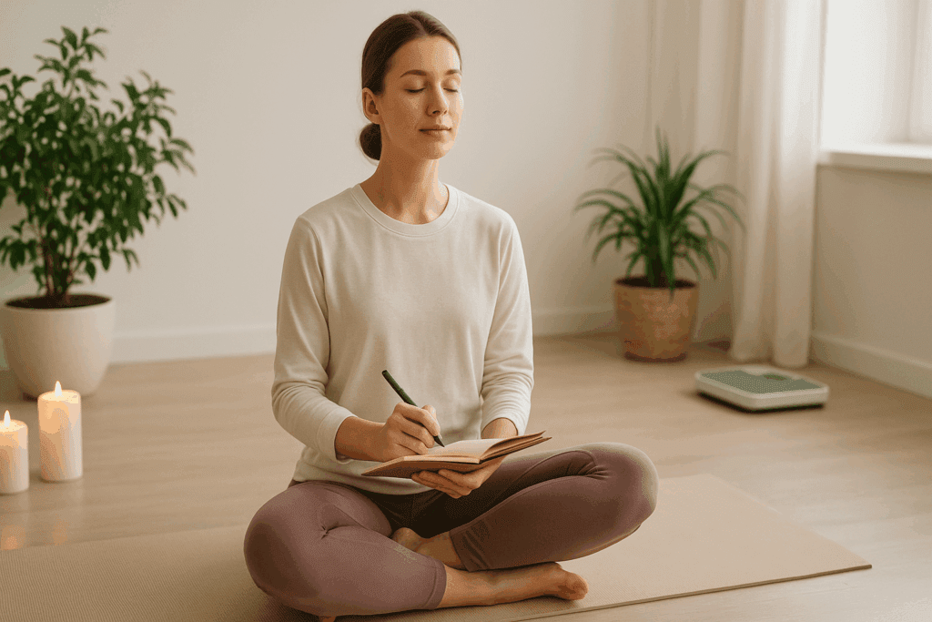 Woman meditating and journaling in a calming room with a scale in the background, symbolizing mindfulness and using a percent weight loss calculator approach.