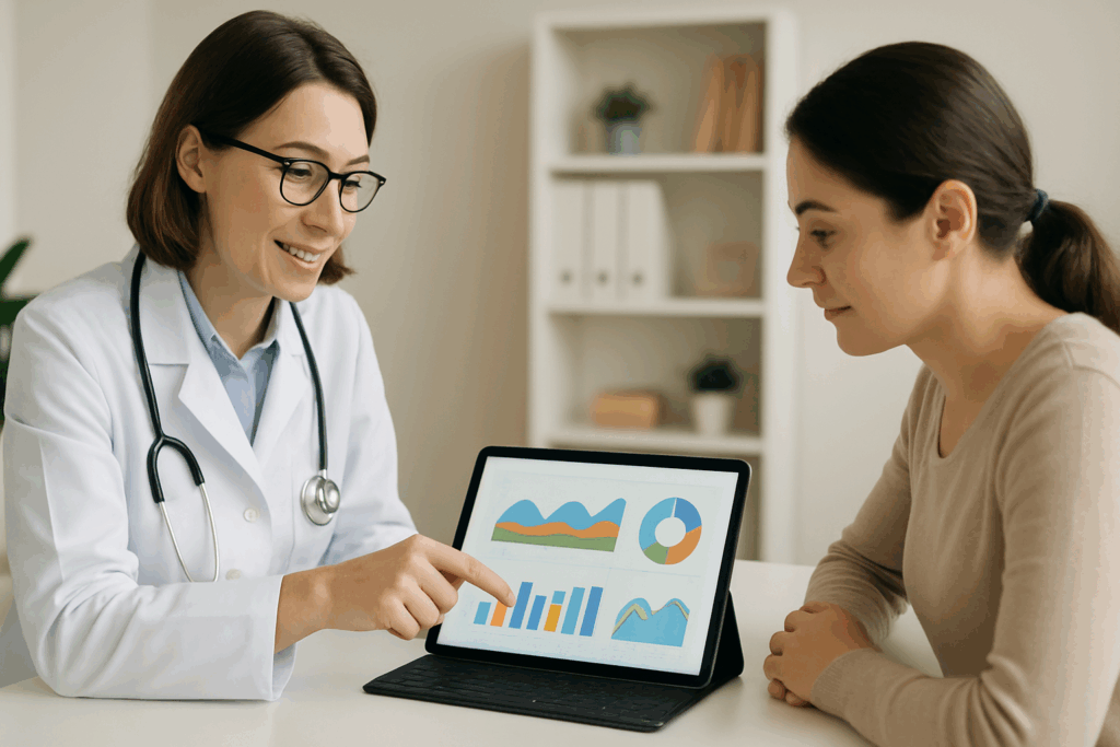 Physician discussing health tracking progress on a digital tablet with a patient during a medical consultation, representing a percent weight loss calculator in clinical use.