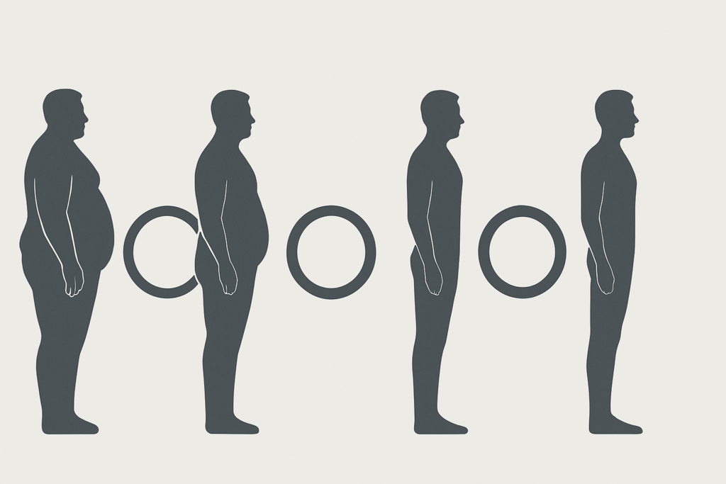 Infographic showing gradual body transformation with progress rings, illustrating a concept for a percent weight loss calculator