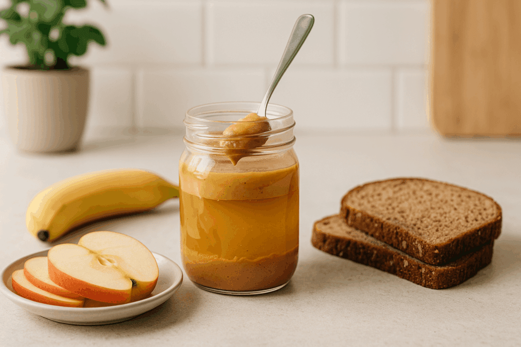Natural peanut butter with visible oil separation on a clean kitchen counter, surrounded by sliced apples, whole grain bread, and a banana—promoting a wholesome lifestyle and answering the question: Is Peanut Butter Healthy for Weight Loss.