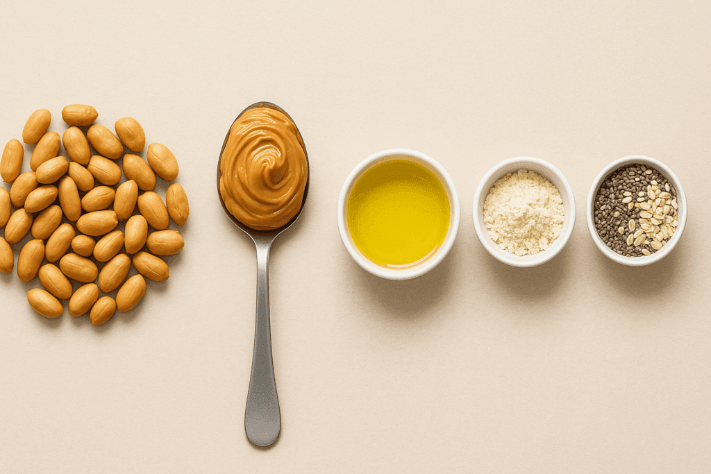 Overhead layout of peanut butter, peanuts, oil, protein powder, and fiber-rich seeds illustrating the macro nutrients relevant to answering is peanut butter healthy for weight loss