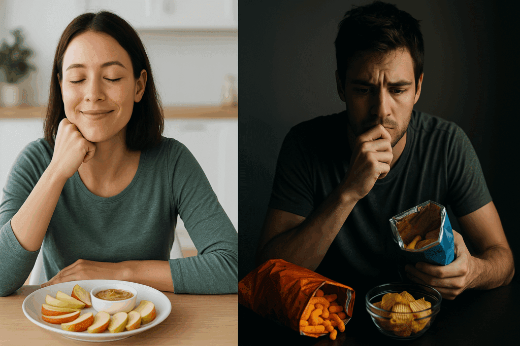 Split-screen showing a satisfied woman after eating apples with peanut butter and a hungry man after consuming chips, illustrating the question: Is Peanut Butter Healthy for Weight Loss