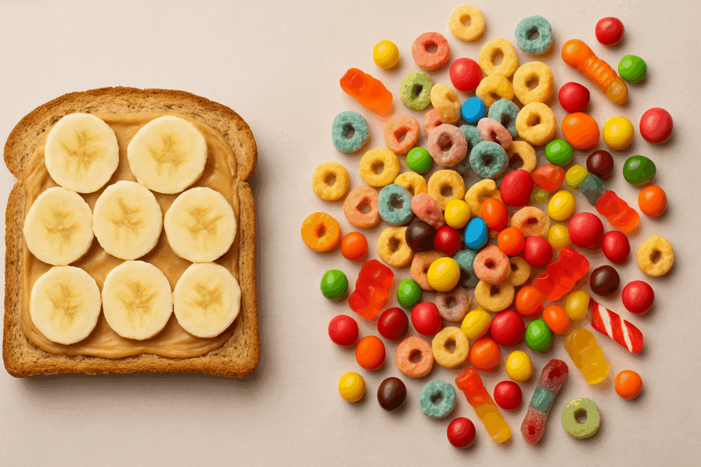 Balanced meal of whole grain toast with peanut butter and banana beside sugary cereals and candy, illustrating glycemic contrast for “Is Peanut Butter Healthy for Weight Loss”