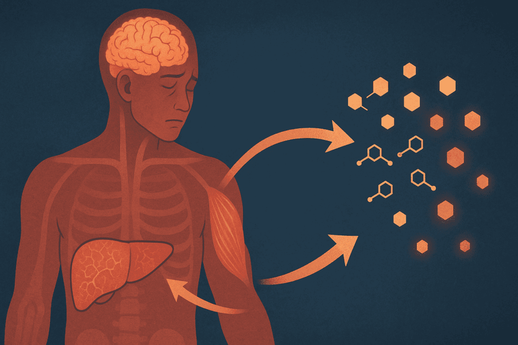 Medical illustration showing what happens when you stop eating, with liver and muscle glycogen fueling the brain as glucose depletes, causing mental fog
