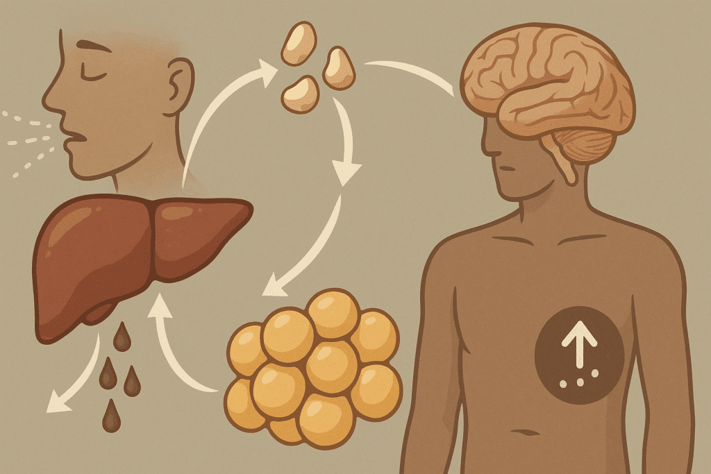 Scientific illustration showing what happens when you stop eating, with liver producing ketones, fat cells releasing energy, and brain using ketone bodies