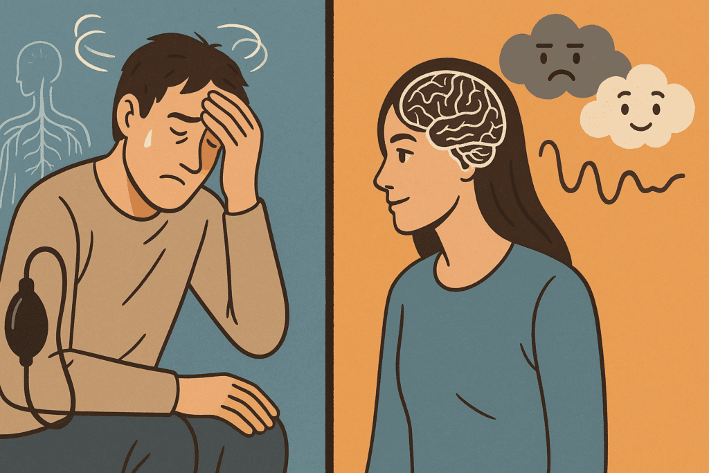 Split-screen illustration showing What Happens When You Stop Eating, with one side depicting physical fatigue and low blood pressure, and the other showing mood swings and mental clarity alongside brain and nervous system outlines.