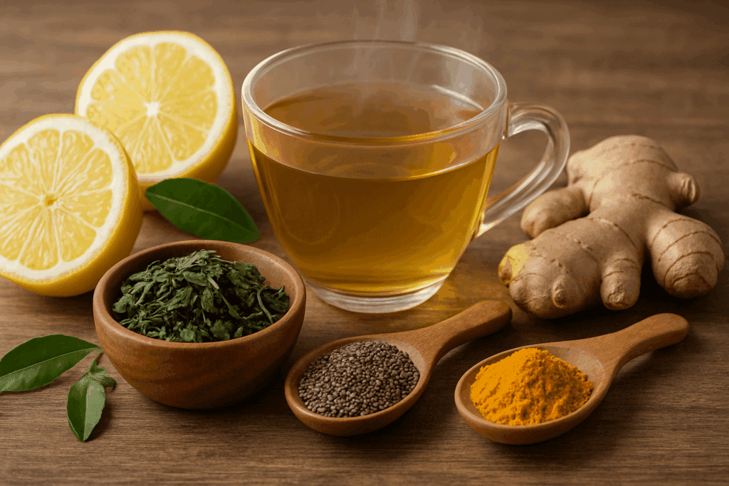 Green tea, ginger root, turmeric, chia seeds, and lemons arranged with tea in a rustic setting showcasing natural weight loss remedies that work.