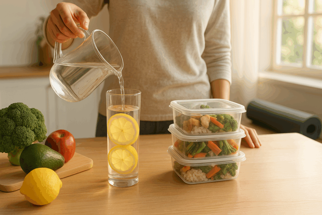 Person pouring lemon water in a sunlit kitchen with fresh produce, meal prep containers, and a yoga mat, illustrating natural weight loss remedies that work.