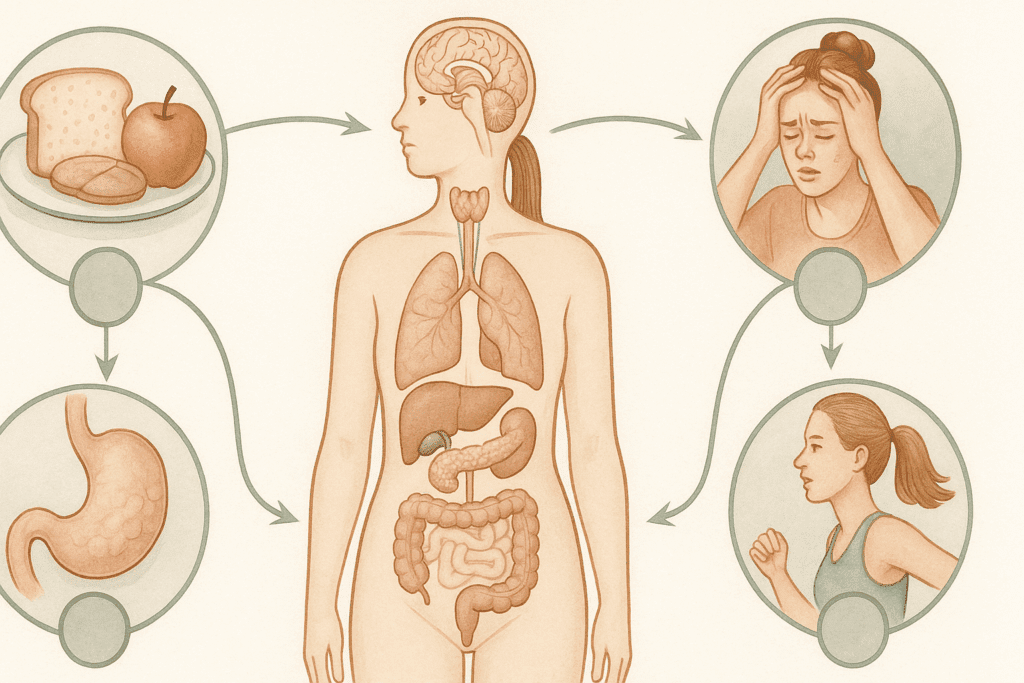 Medical-style diagram of the endocrine system showing insulin, cortisol, leptin, and ghrelin pathways interacting with food, stress, and exercise, illustrating Natural Weight Loss Remedies That Work