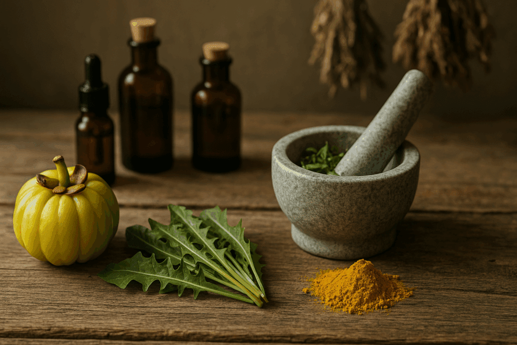 Still life of natural weight loss remedies that work, featuring Garcinia cambogia fruit, dandelion leaves, golden berberine powder, and a stone mortar and pestle on a rustic wooden table