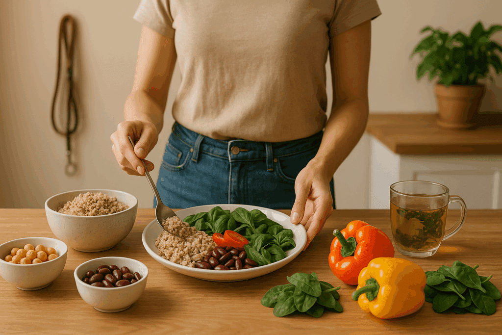 Person preparing a plant-based meal with quinoa, legumes, spinach, and bell peppers in a calm kitchen, illustrating natural weight loss remedies that work.