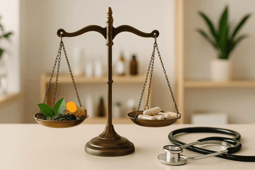 Balanced brass scale comparing green tea and turmeric to supplements and a stethoscope, symbolizing Natural Weight Loss Remedies That Work