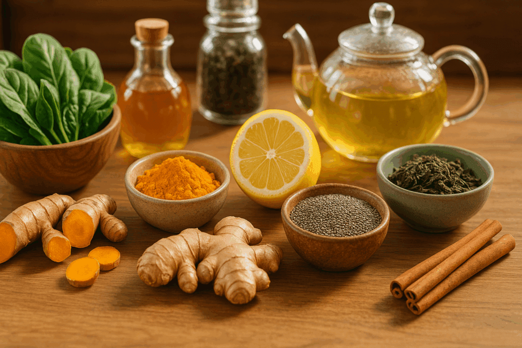 Fresh natural weight loss remedies that work, including leafy greens, turmeric root, ginger, lemon, chia seeds, cinnamon sticks, green tea, and apple cider vinegar, arranged on a wooden kitchen counter with warm lighting and holistic ceramic jars and teapot in the background.