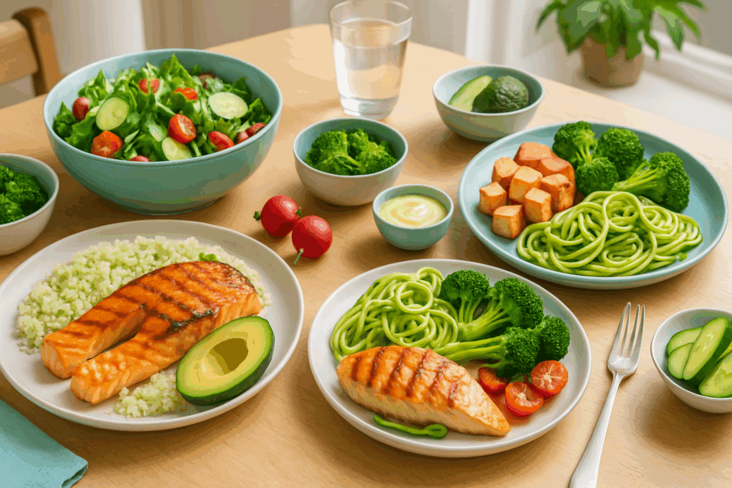 Grilled salmon with cauliflower rice, tofu, zucchini noodles, and mixed greens on a kitchen table featuring doctor-recommended low carb meals for weight loss.