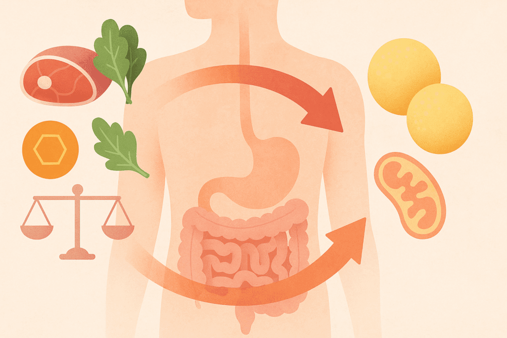 Abstract anatomical illustration showing the body’s shift from carbohydrate to fat metabolism, highlighting fat cells, protein-rich foods, leafy greens, and a glucose-insulin scale for Doctor-Recommended Low Carb Meals for Weight Loss
