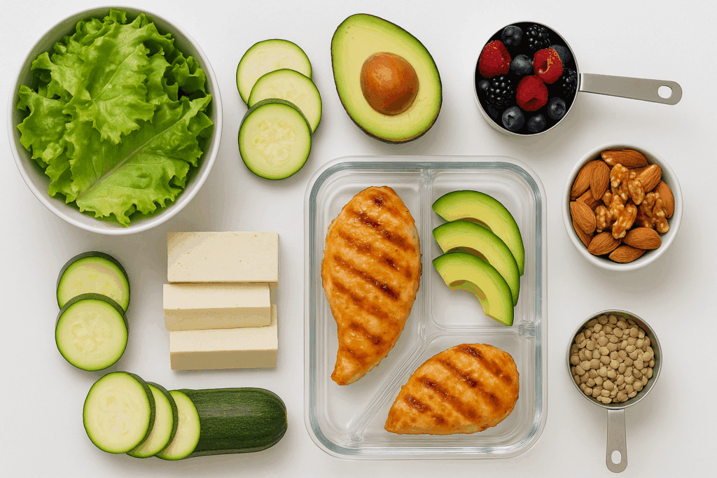 Grilled chicken, avocado, tofu, zucchini, leafy greens, lentils, and berries arranged for doctor-recommended low carb meals for weight loss.