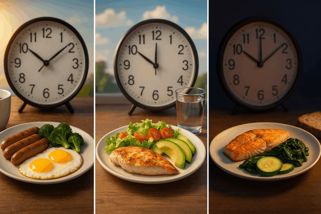 Balanced day of doctor-recommended low carb meals for weight loss, including a high-protein breakfast, midday salad with avocado, and light salmon dinner.