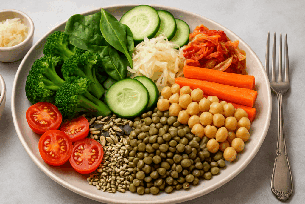Colorful plate of doctor-recommended low carb meals for weight loss with chickpeas, lentils, spinach, sauerkraut, kimchi, and fresh vegetables