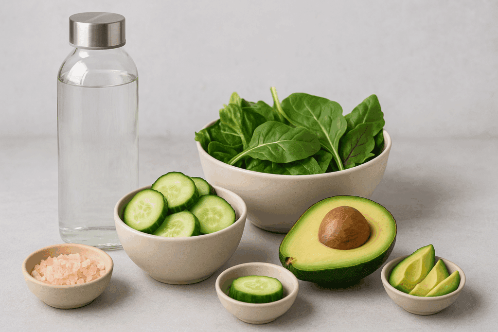 Hydration-focused still life with water, leafy greens, cucumber, avocado, and Himalayan salt representing Doctor-Recommended Low Carb Meals for Weight Loss.